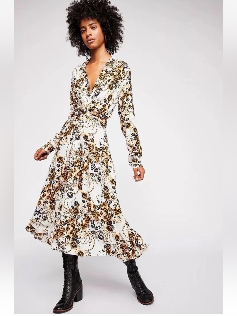 Free People Tough Love Floral Shirt Long Sleeve Midi Length Wrap Dress Size 8